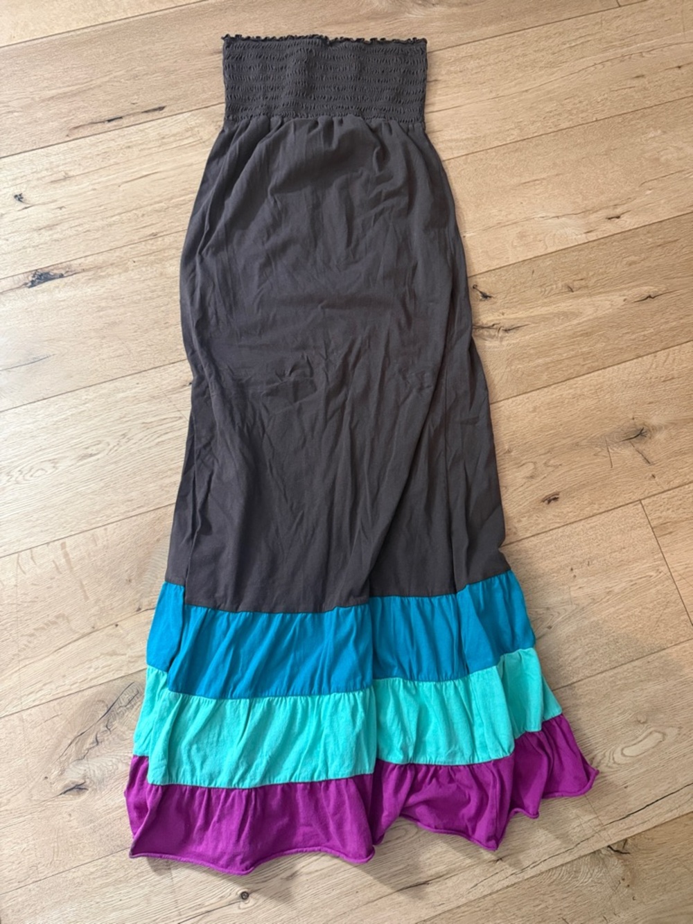 Summer Beachy boho Brown Maxi Dress with Teal, Aqua & Purple Hem